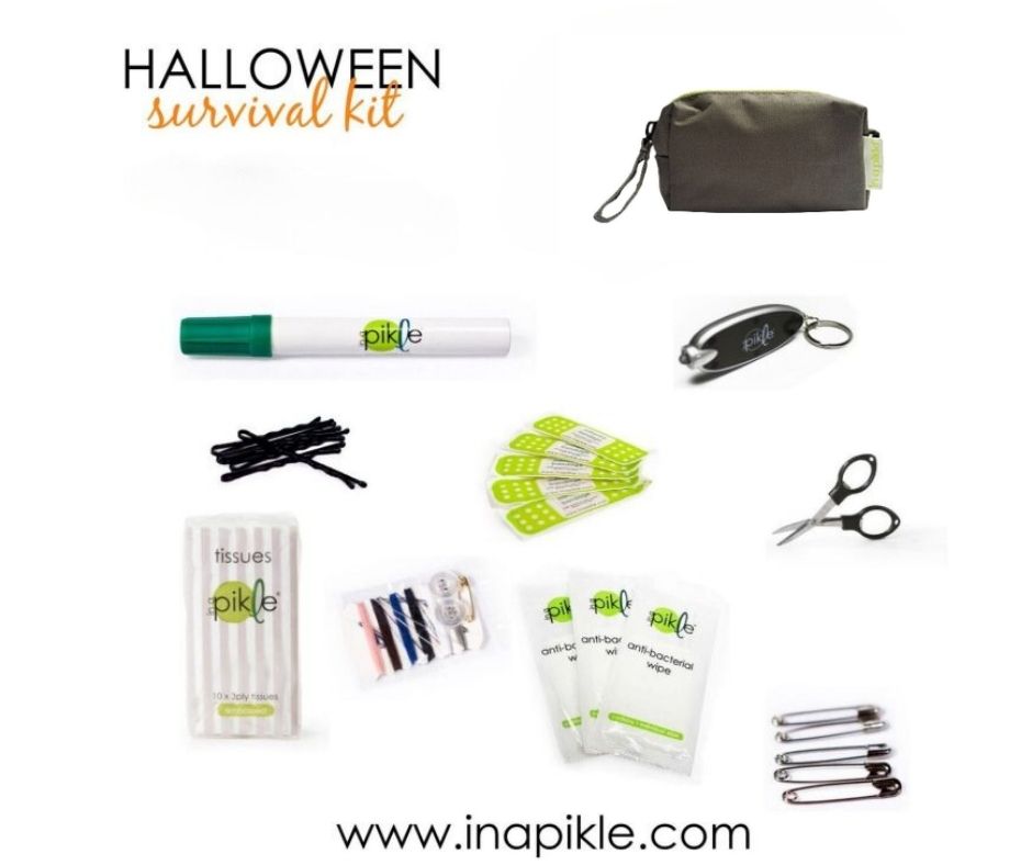 small change purse with tissues band aids flashlight scissors bobby pins safety pins and sewing kit
