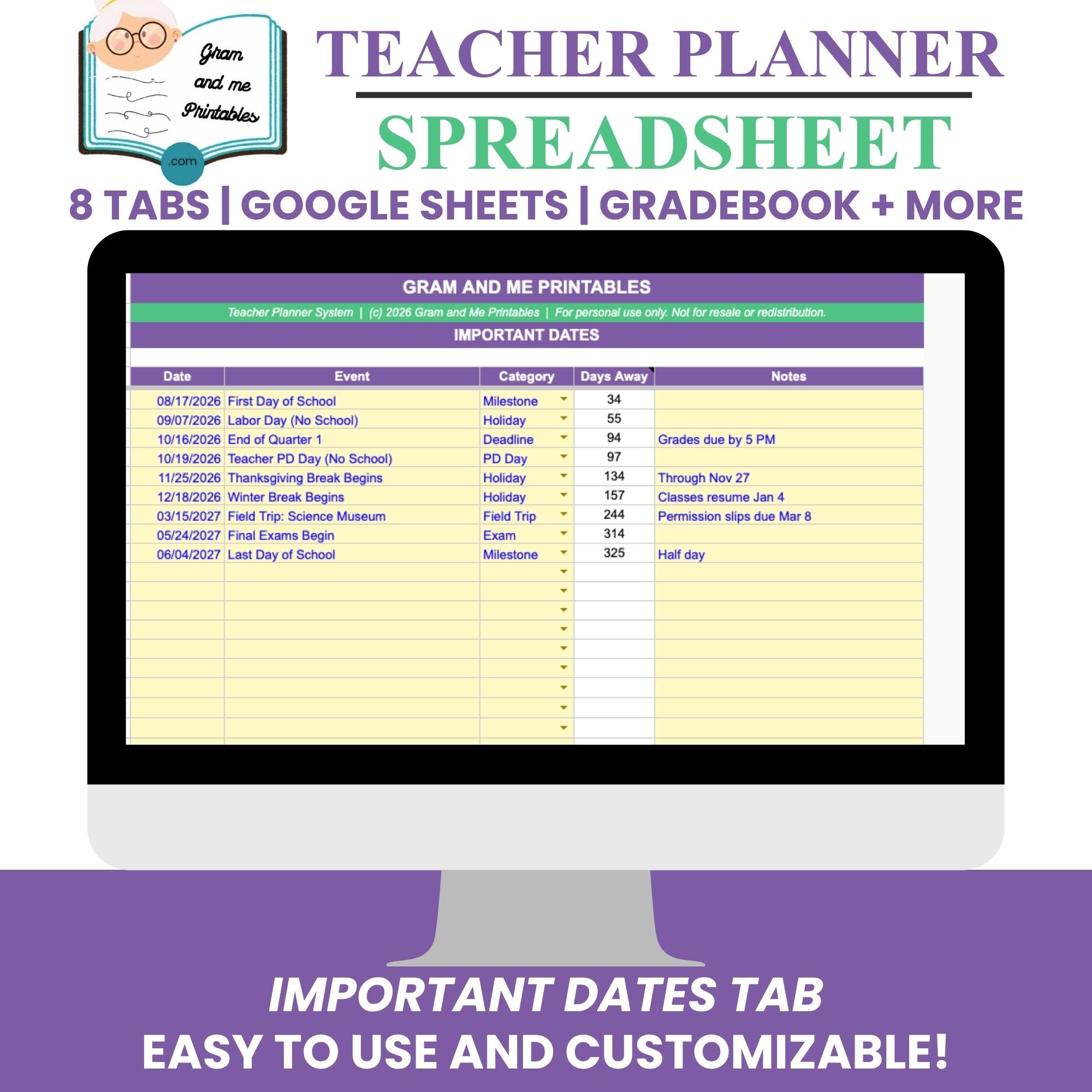 Teacher Planner Spreadsheet — Automatic Gradebook, Attendance &amp; Lesson Planner