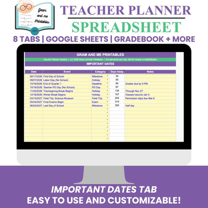 Teacher Planner Spreadsheet — Automatic Gradebook, Attendance &amp; Lesson Planner