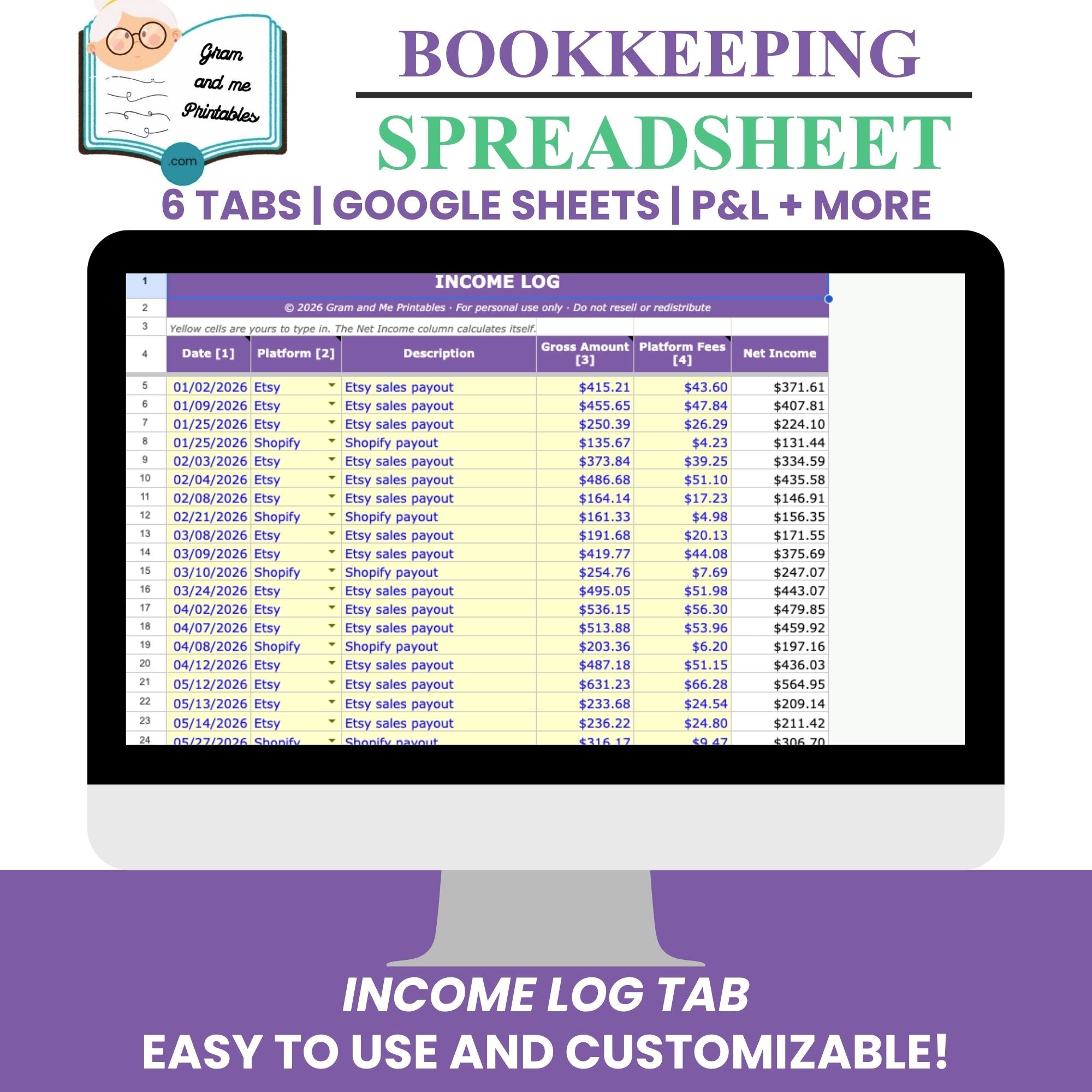 Bookkeeping Spreadsheet System — Income, Expense &amp; Profit Tracker with Quarterly Tax Planner