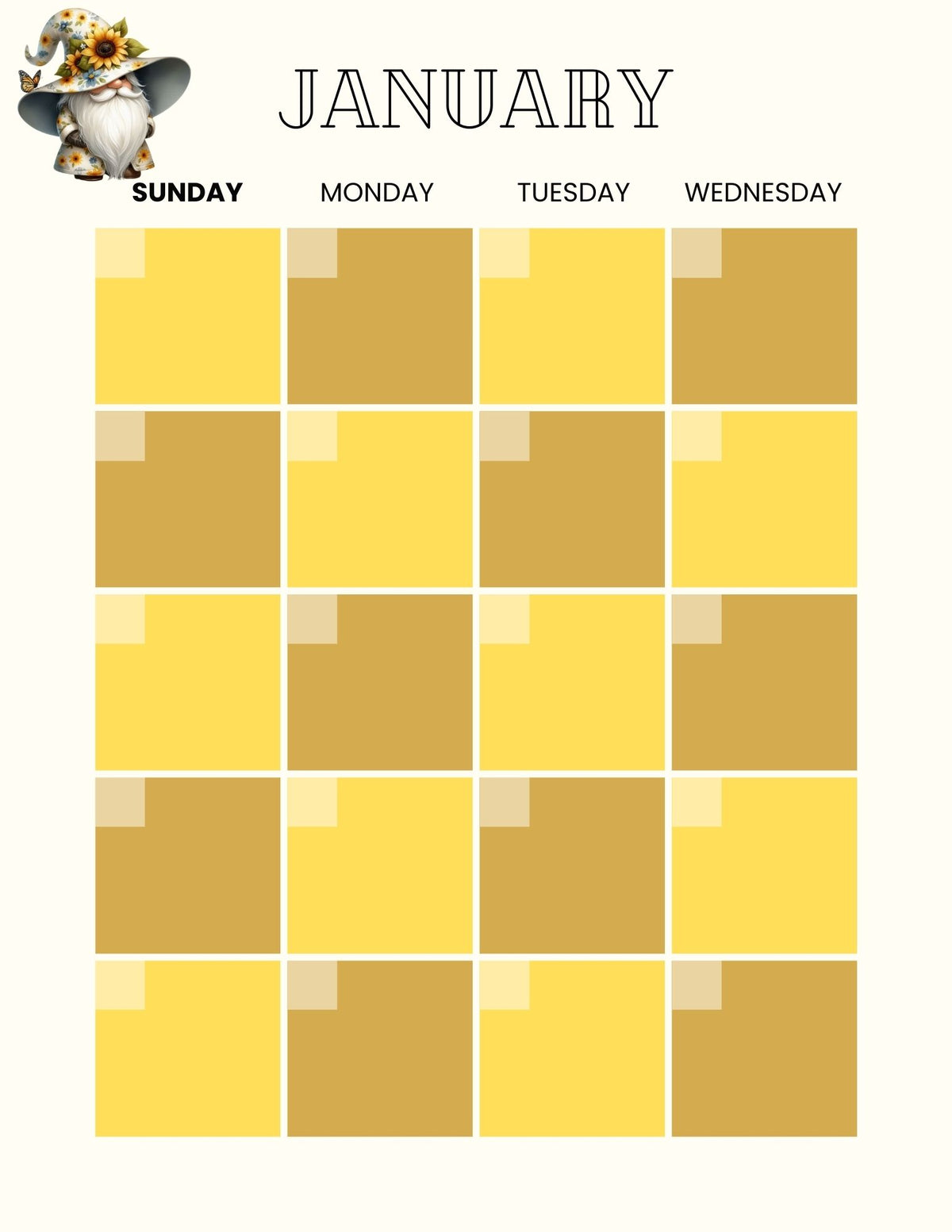 calendar page in checkerboard style of yellow and brown boxes