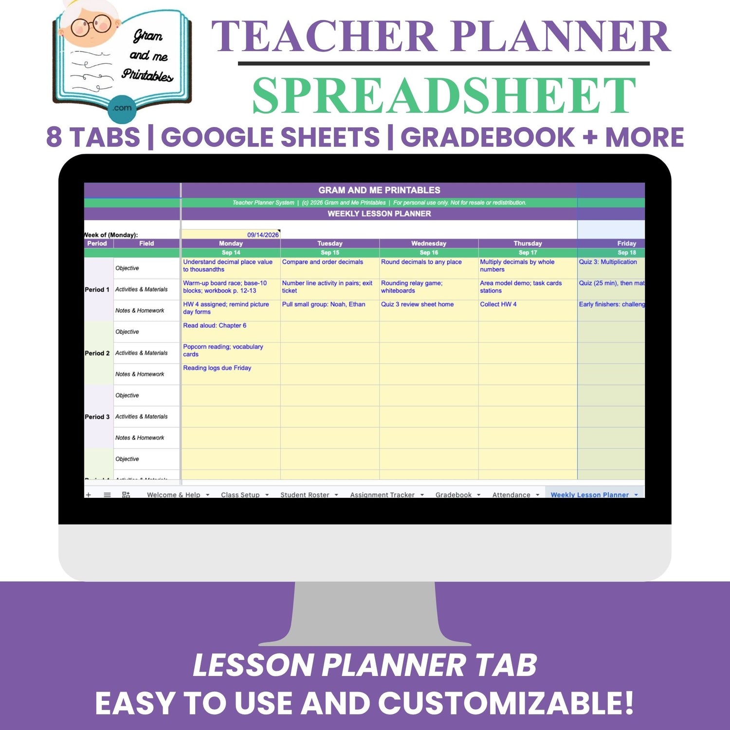 Teacher Planner Spreadsheet — Automatic Gradebook, Attendance &amp; Lesson Planner