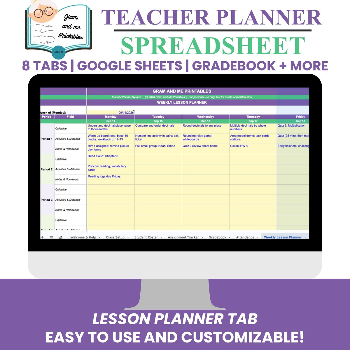 Teacher Planner Spreadsheet — Automatic Gradebook, Attendance &amp; Lesson Planner