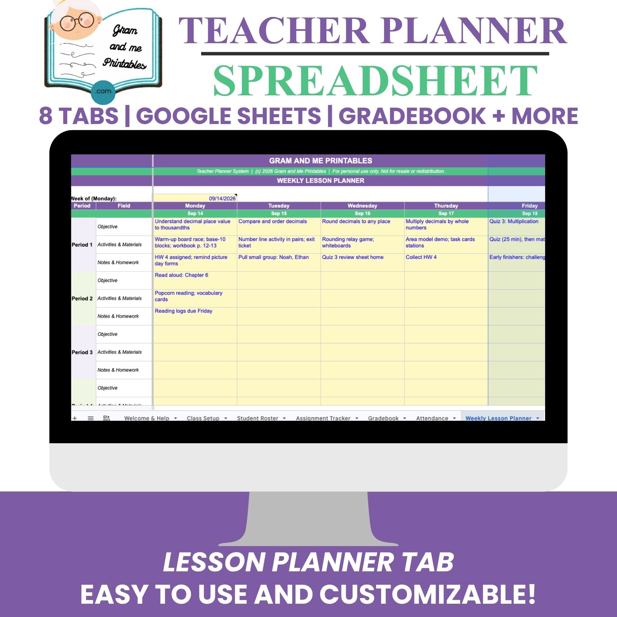 Teacher Planner Spreadsheet — Automatic Gradebook, Attendance &amp; Lesson Planner