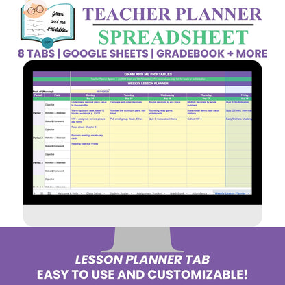 Teacher Planner Spreadsheet — Automatic Gradebook, Attendance &amp; Lesson Planner