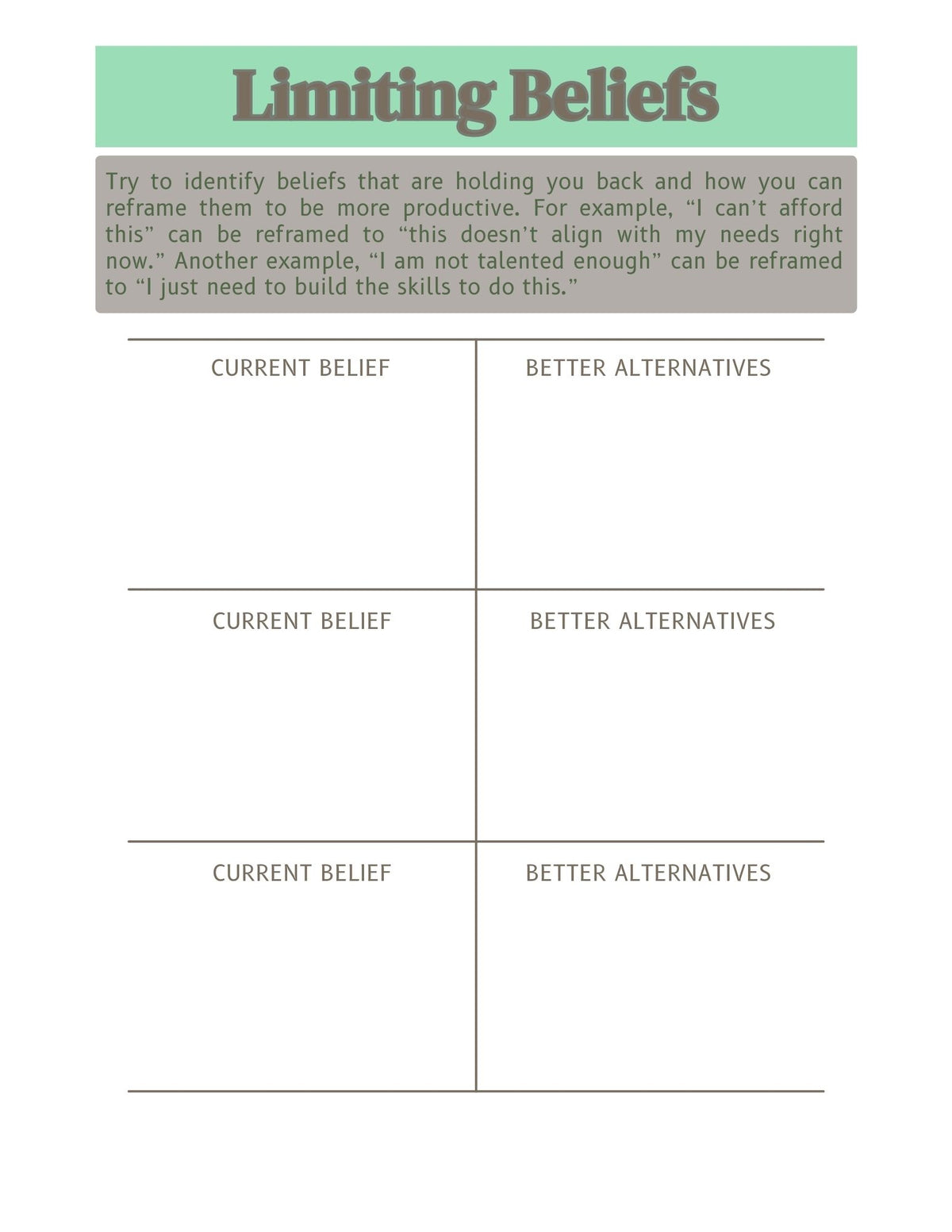 blocks to write in a limiting belief and an alternative that is better