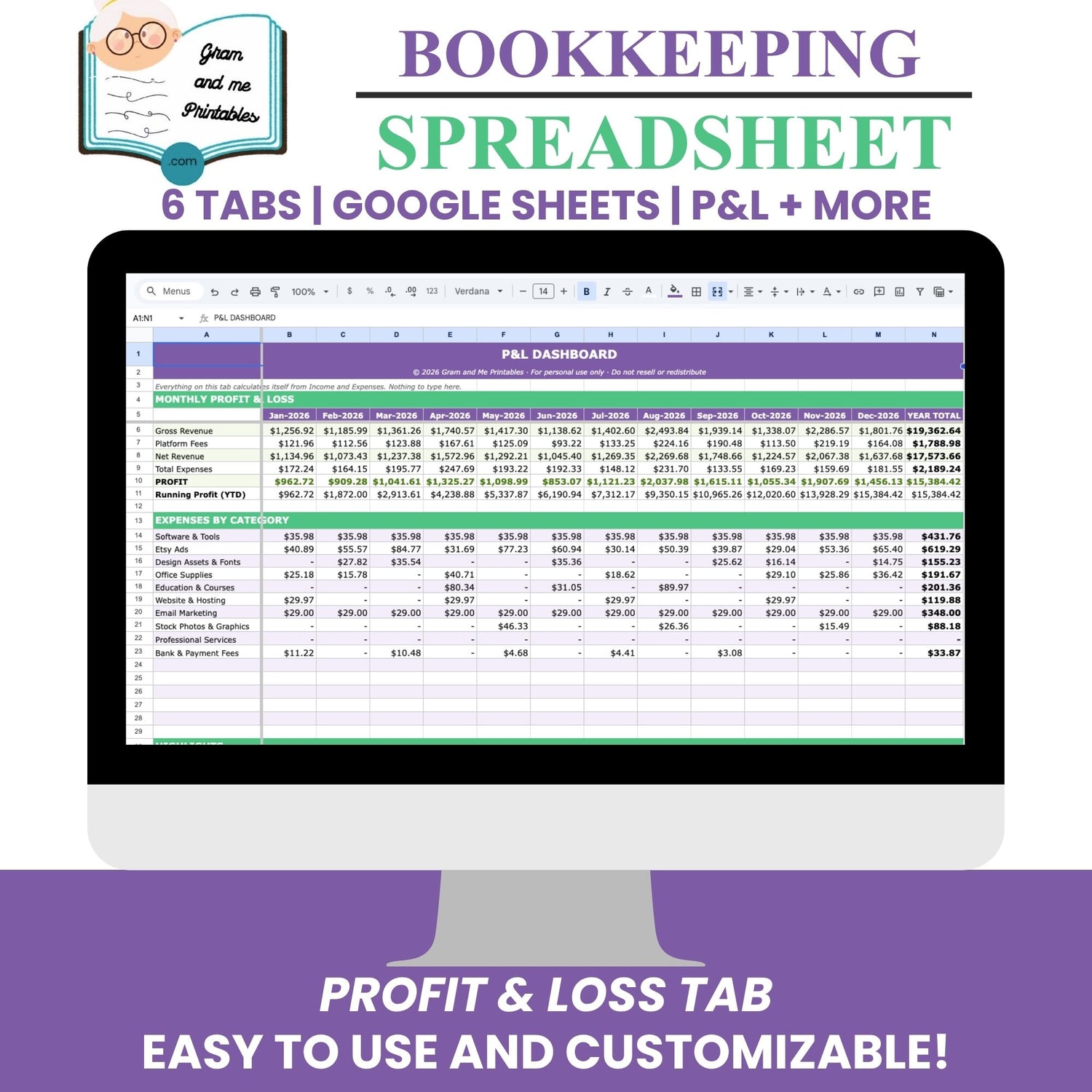 Bookkeeping Spreadsheet System — Income, Expense &amp; Profit Tracker with Quarterly Tax Planner