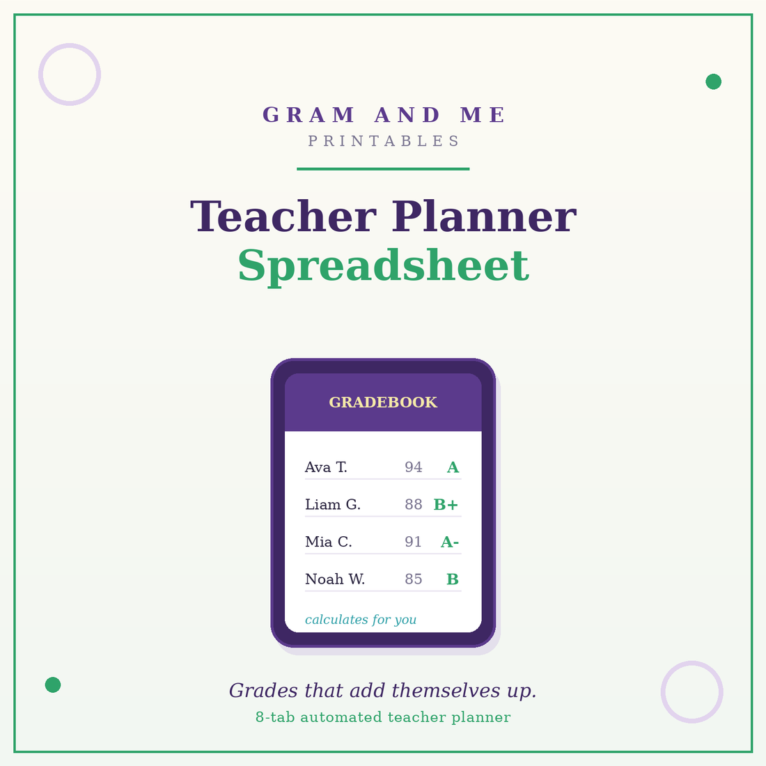 Teacher Planner Spreadsheet — Automatic Gradebook, Attendance &amp; Lesson Planner
