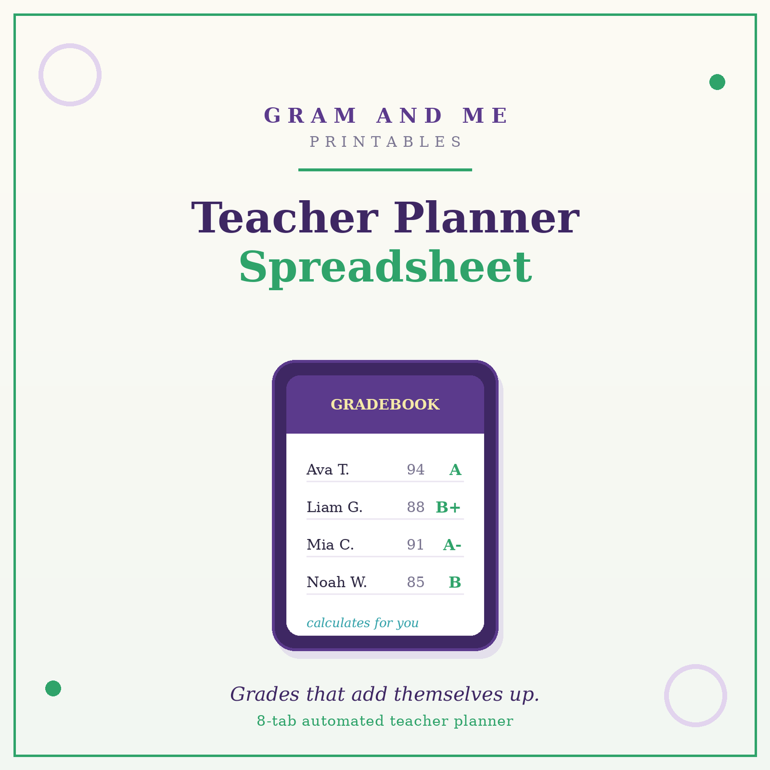 Teacher Planner Spreadsheet — Automatic Gradebook, Attendance &amp; Lesson Planner