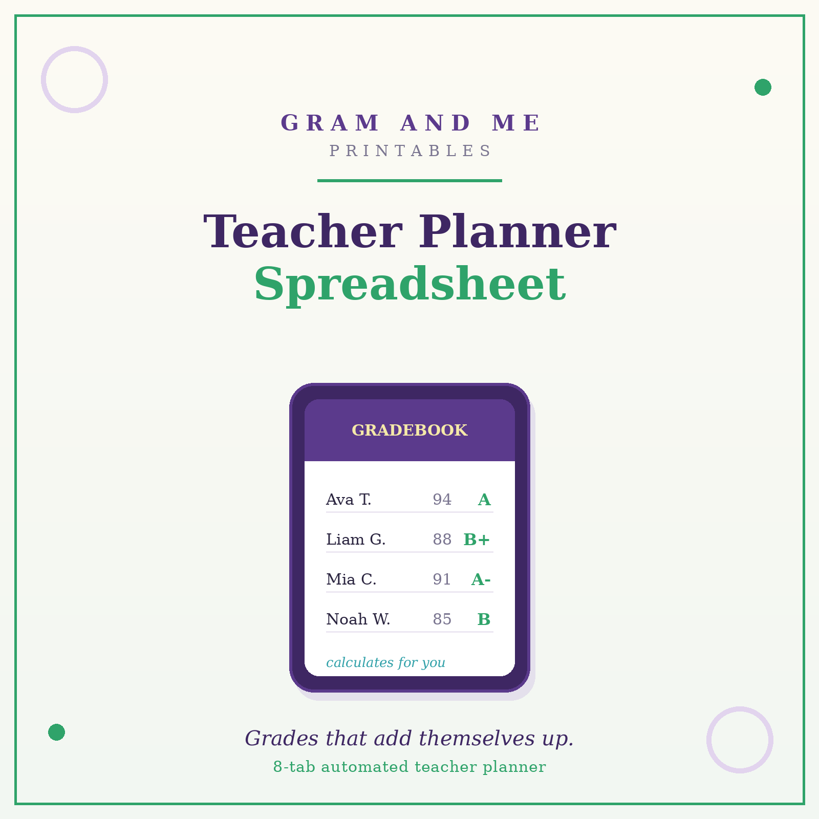 Teacher Planner Spreadsheet — Automatic Gradebook, Attendance &amp; Lesson Planner