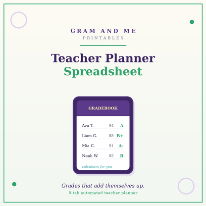 Teacher Planner Spreadsheet — Automatic Gradebook, Attendance &amp; Lesson Planner